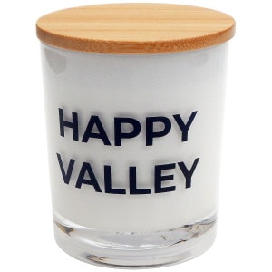 candle with screened Happy Valley and bamboo lid